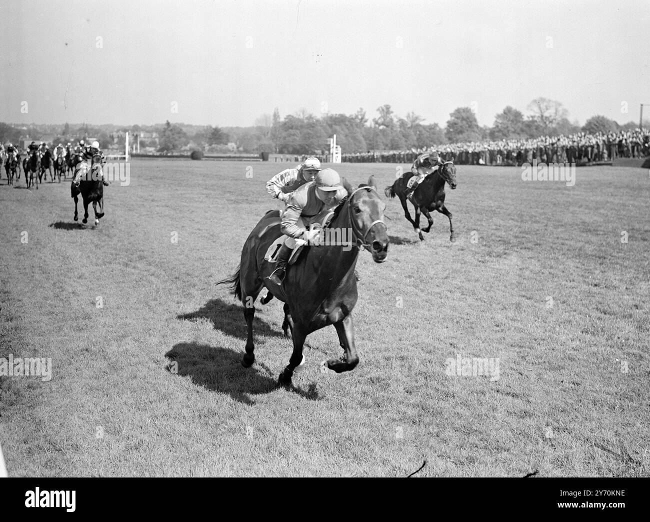 Ein SMITH EPIC hier ist ein Fall, in dem '' E '' vor ''D' kam - es ist das aufregende Ende des Esher Cup im Sandown Park heute Nachmittag, das von E. Smith ( links ) Reiten Spy Legend gewonnen wurde, gesehen, wie er es mit Cassiope ( D ) kämpfte. Smith Up ) . Spion Legend gewann mit einem kurzen Kopf. Dritter in diesem großen Rennen war Bakers Gate , mit Jockey W. Rickaby im Sattel . 23. April 1949 Stockfoto