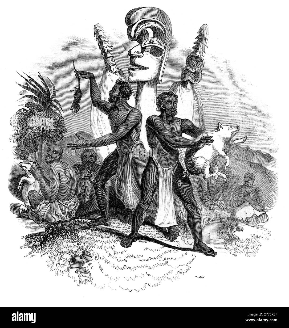 Die Marquesas-Inseln , Polynesien , Pazifik . Eine Illustration der einheimischen Männer und ein traditionelles hölzernes Totem. 4. Februar 1843 Stockfoto
