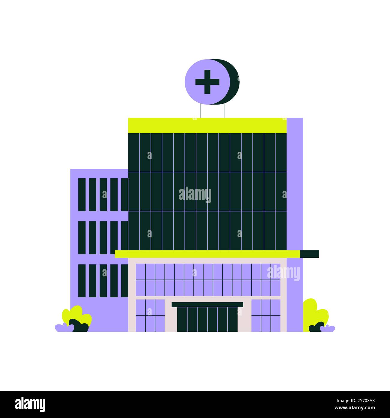 Krankenhausgebäude außen mit medizinischem Symbol, flache Vektor-Illustration, die Gesundheitseinrichtung, medizinische Dienste und städtische Architektur symbolisiert Stock Vektor