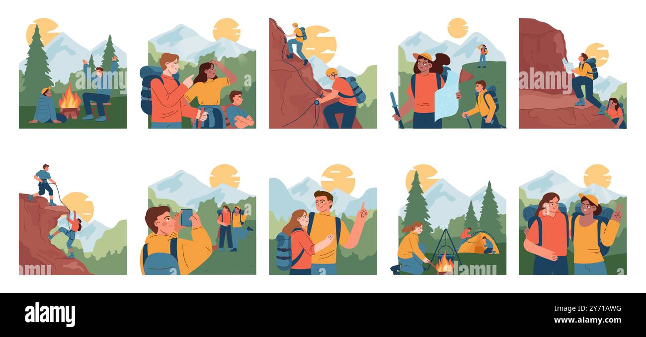 Bergsteigen Set. Bergsteiger mit Rucksäcken während des Naturabenteuers. Leute klettern auf Felswänden, sitzen am Lagerfeuer und wandern im Wald. Illustration des flachen Vektors Stock Vektor
