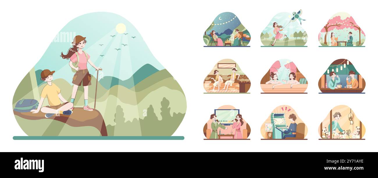 Asiatische Menschen genießen ihre Freizeit. Japanische Charaktere machen traditionelle Freizeitaktivitäten und Hobbys. Sport, Festivalaktivitäten und Onsen. Illustration des flachen Vektors Stock Vektor