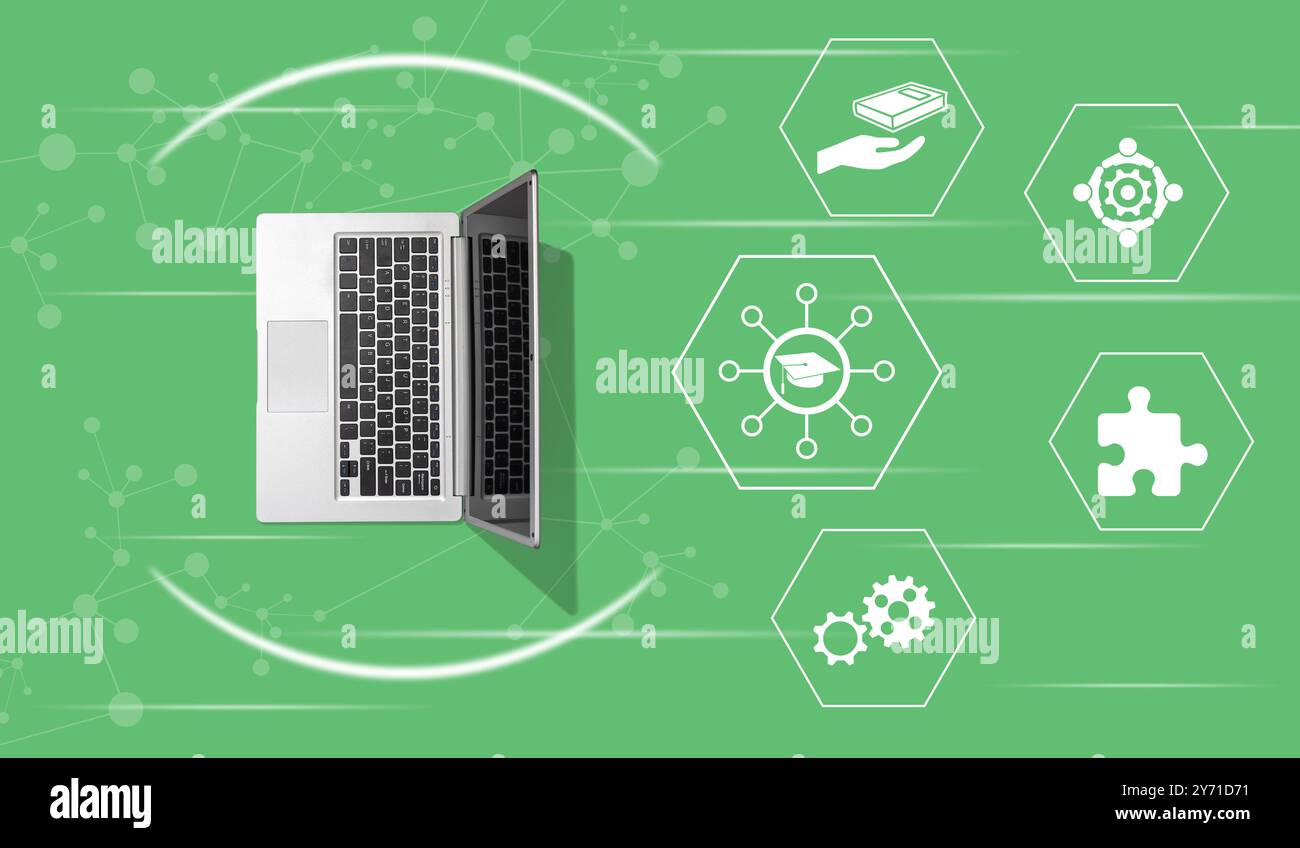 Ansicht des Laptops von oben mit Symbol für das Konzept des Wissensaustauschs Stockfoto