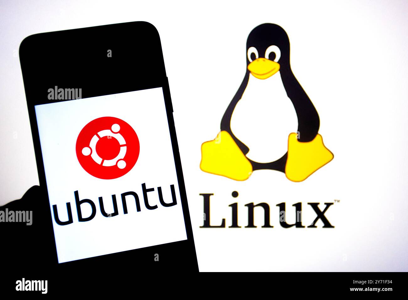 In dieser Fotoabbildung wird ein Ubuntu-Logo auf einem Smartphone mit einem Linux-Logo im Hintergrund angezeigt. Stockfoto