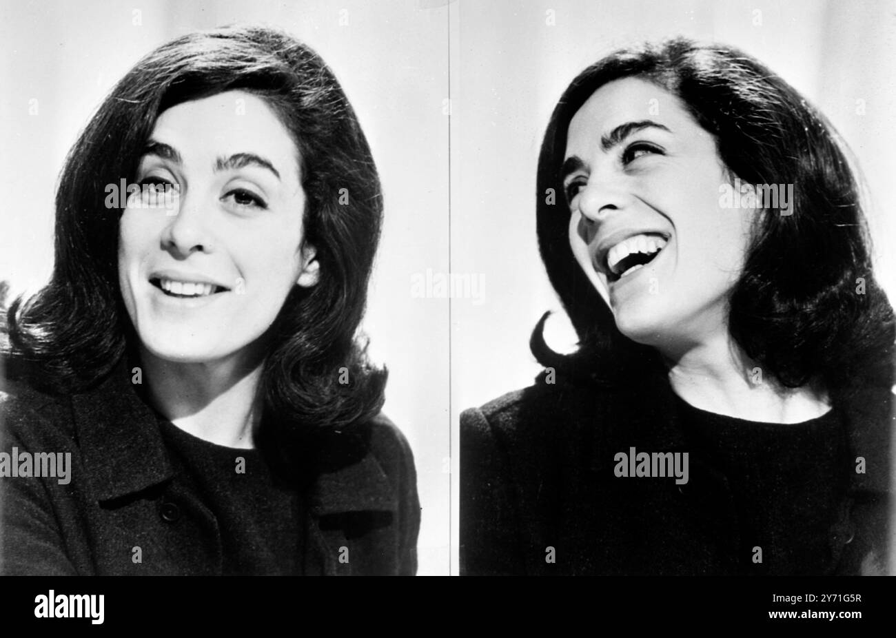 Zwei Ausdrücke aus der Revue actrss Eleanor Bron , die regelmäßig in der Late Night TV Show " Not so much a Programme More a Way of Life " auftritt . Ein Großteil des Materials , das Miss Bron verwendet , schreibt sie selbst und bereits zwei ihrer Charaktere haben sich etabliert : die amerikanische Folk-Sängerin Anna und die Twittering Lady Pamela Strippy , die unermüdliche Wohltätigkeitsorganisation . 16. februar 1965 Stockfoto