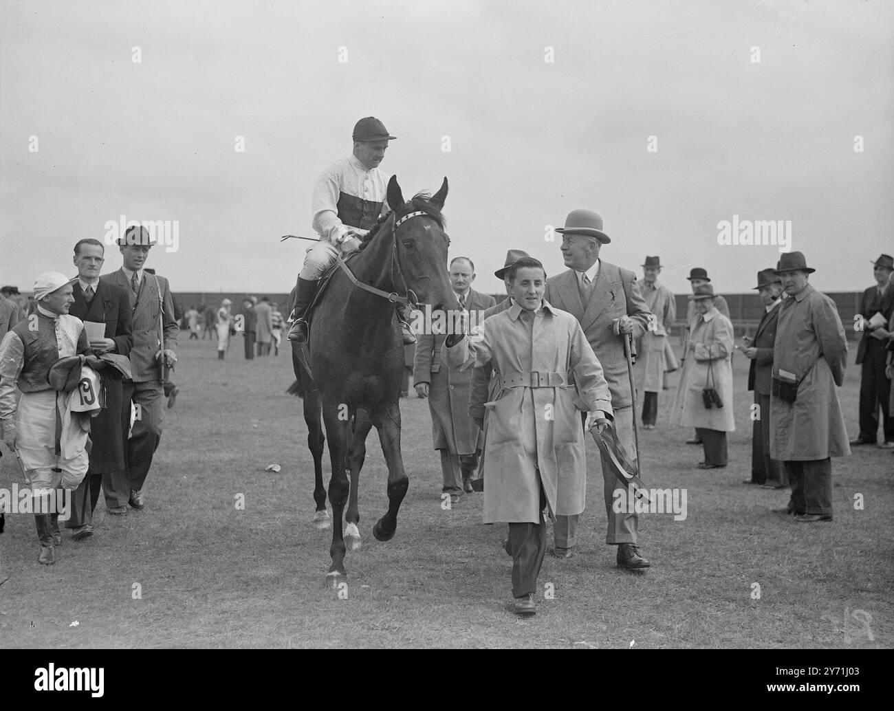 GORDON gewann DEN GUINEAS-Champion 1.000 Jockey, Gordon Richards erzielte einen populären Erfolg bei den Guineas 1.000 in Newmarket heute auf Sir Percy Loraines' Stute Queenpot. Der zweite war das von Frau cm Woodbridge , Ariostar ( J. Marshall ) , mit Lady Zia Wernher , " Duplizität " (W . Nevett), Dritter . DAS BILD ZEIGT: Queenpot wird heute nach ihrem Sieg bei den Guineas 1.000 in Newmarket angeführt. Der erfolgreiche Besitzer, Sir Percy Loraine, befindet sich auf der rechten Seite. 29. April 1948 Stockfoto