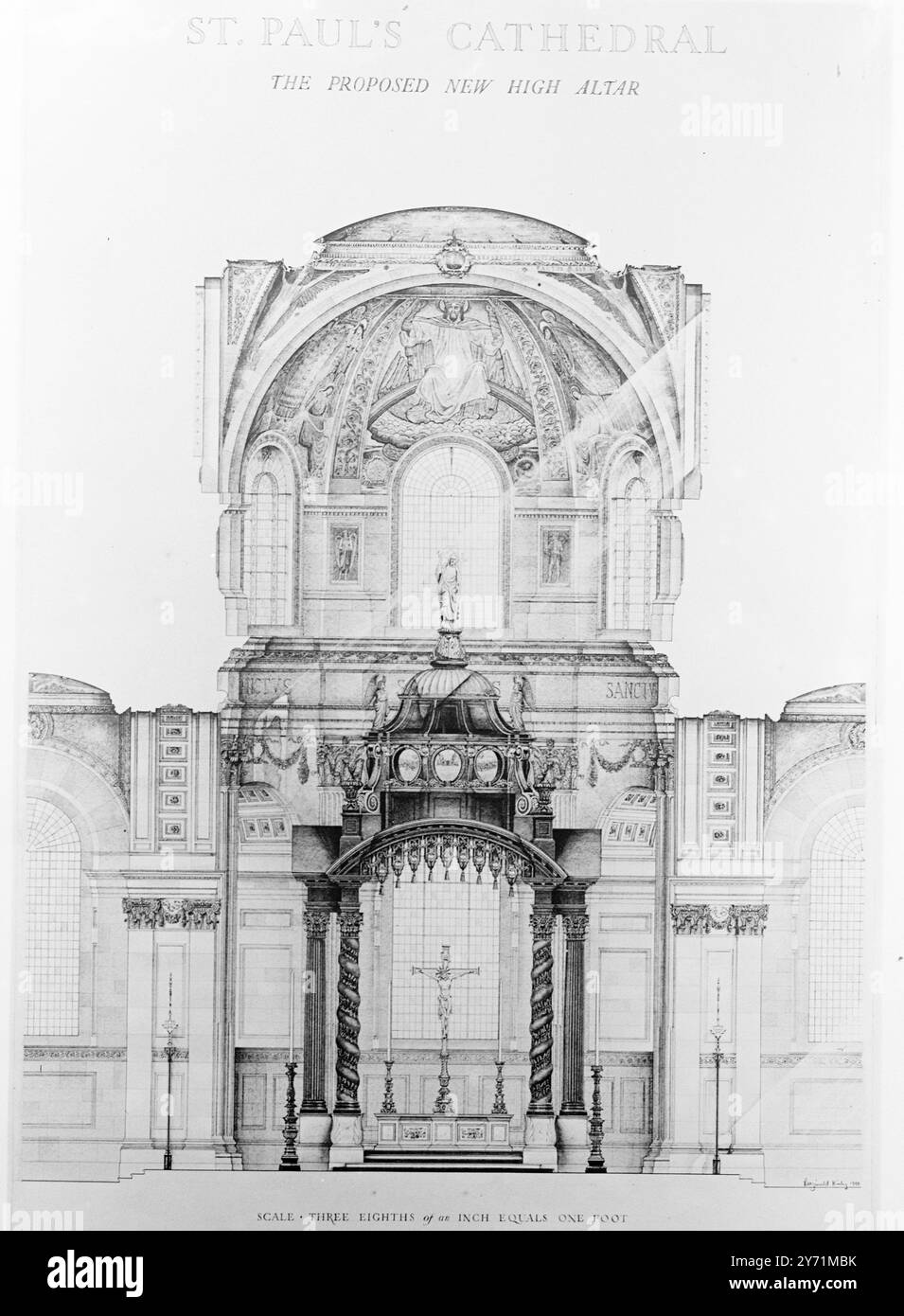 NEUER HOCHALTAR FÜR ST. PAUL's Eine Zeichnung des vorgeschlagenen neuen Hochaltars , Teil des vorläufigen Plans , der vom Dekan und Kapitel der St verabschiedet wurde . Paul's Cathedral für die Restaurierung des East End des Chores der Kathedrale . Es wurde beschlossen , dass die stark beschädigten Reredos nicht wiederhergestellt werden und die unbeschädigten Teile davon abgenommen und aufbewahrt werden . Die von der Royal Fine Arts commission genehmigte Restaurierung dieses Teils der Kathedrale kann bis zu fünf Jahre dauern . Die neuen Pläne werden die Bereitstellung der geplanten American Memorial Chapel in der Apsis ermöglichen Stockfoto