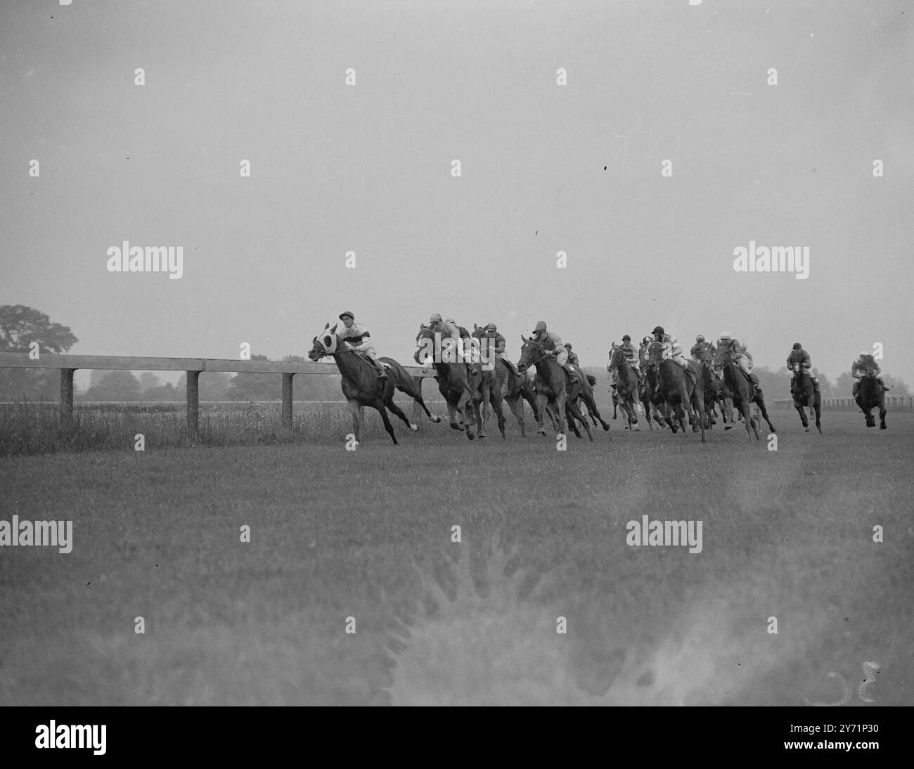 " MEILE ZU GEHEN " an diesem Tag im Agars Plough Handicap in Windsor war es Anyones Rennen . Das große Feld kämpft mit einer Meile um zum Zielposten zu gehen . F G Robinson's SKITOP , geritten von F BARLOW , gewann mit D S Kennedy ' s Sintflut , Jockey T Sidebotham , Second , und Sir William Cookes GARN mit D . Begrünung im Sattel, Dritter . Stockfoto