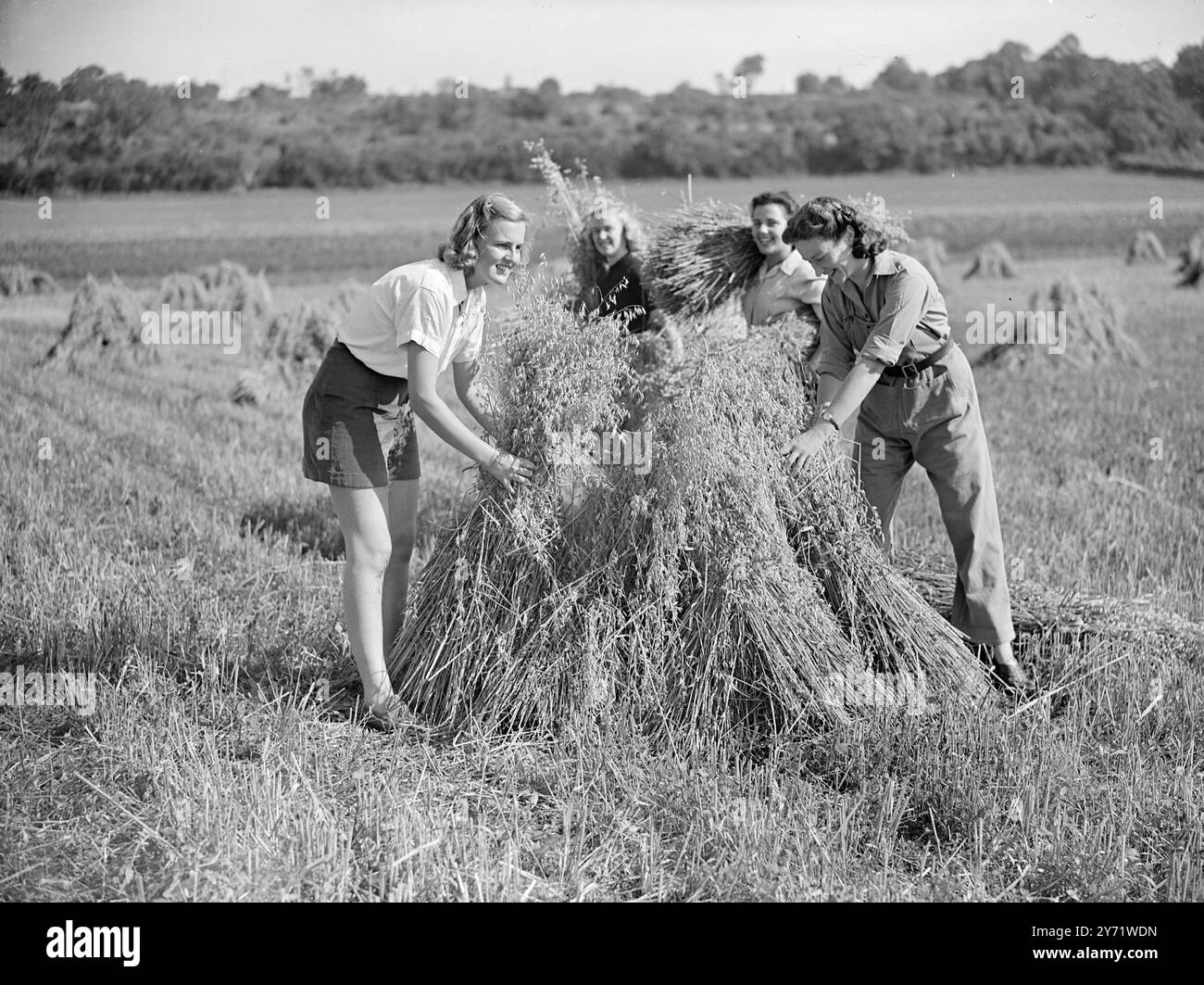 Lächelnde Erntemädchen. Der blonde 19-jährige Hauff Gundersen (links) aus Oslo, Norwegen, ein englischer Student, hilft mit Miss Margaret Hammond, einer siebzehnjährigen Angestellte aus Sheffield, bei der Lagerung der Feldfrüchte im Volunteer Agricultural Camp in Nailsea bei Bristol. Hauff hörte von Großbritanniens nächtlichem Kampf um die bedrohten Ernten und nutzte ihren Urlaub. Mit lächelnden Gesichtern und eifrigen Händen machen die Mädchen ihre Arbeit auf eine Art und Weise, die nach Lob verlangt. 31. August 1948 Stockfoto