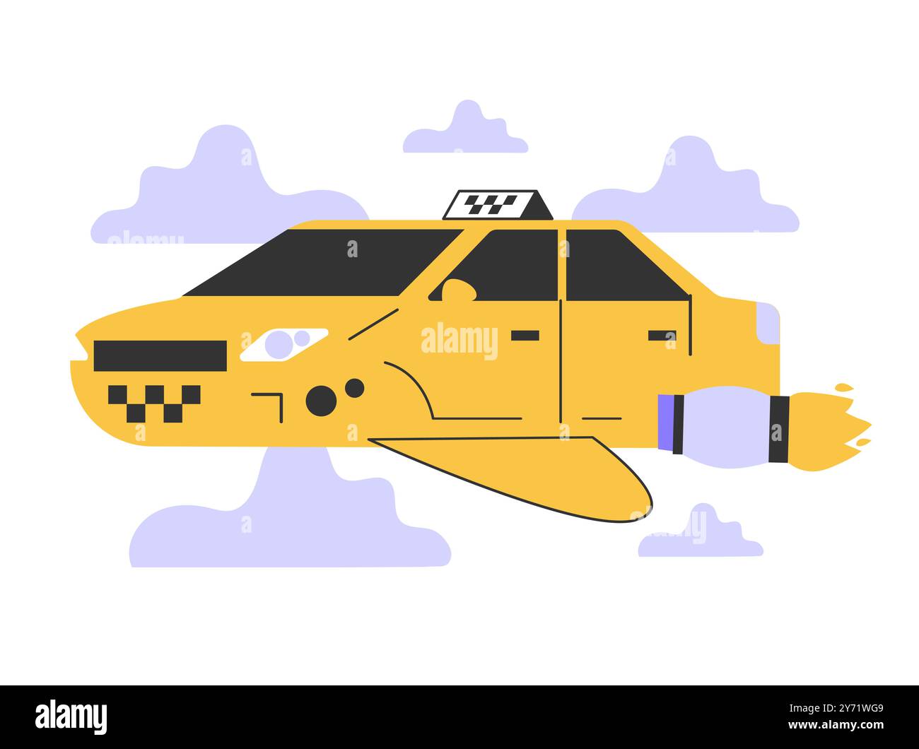Taxi-Service der Zukunft. Selbstfahrendes, fliegendes gelbes Taxi. Futuristisches Fahrerhaus. Idee des öffentlichen Nahverkehrs. Illustration des flachen Vektors Stock Vektor