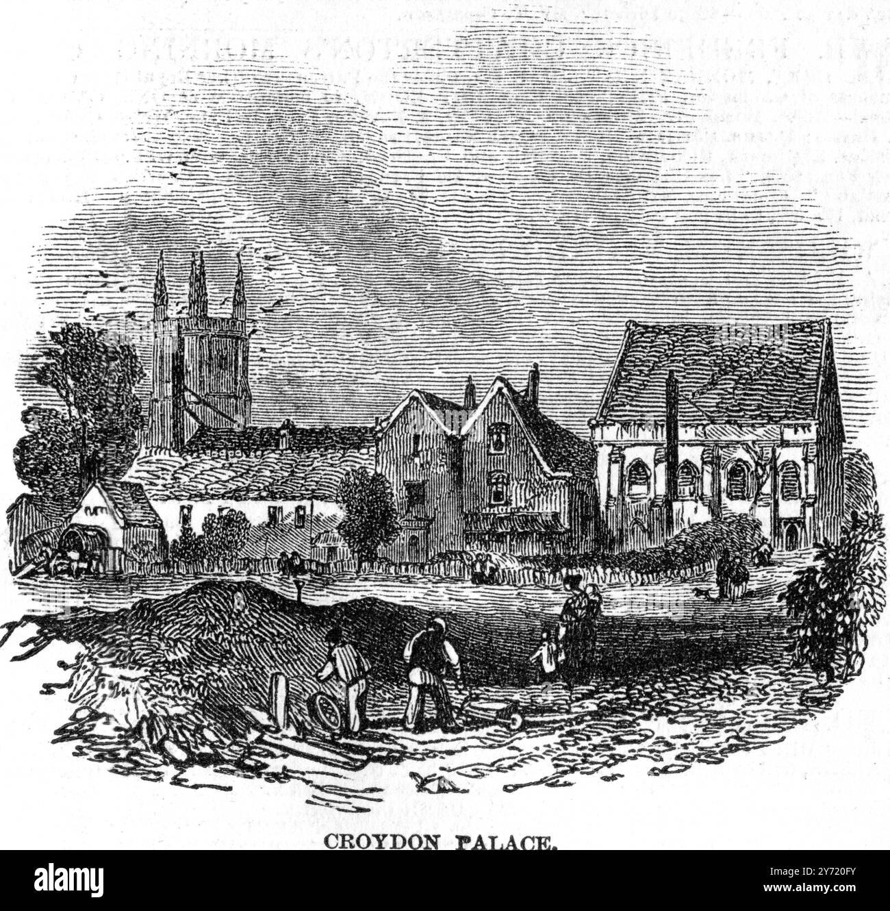 Croydon Palace. Sie wurde aus Holz gebaut und befand sich 1278 in ihrem ursprünglichen Zustand. Kein Teil des heutigen Gebäudes ist älter als das 14. Jahrhundert und große Teile davon wurden von Erzbischof Wake und Herring wiederaufgebaut. Hier wurden Königin Elizabeth und ihr Hof von den Erzbischöfen Barker und Whitgift üppig unterhalten. 1780 wurde es verkauft und wurde zu einer Calico-Manufaktur, und die Gärten wurden als Bleichanlagen genutzt, heute ist es eine Wäscherei. Die heutige Sommerresidenz des Erzbischofs von Canterbury ist 3,5 km von Croydon entfernt, in der Villa im Addington Park, die sich befindet Stockfoto