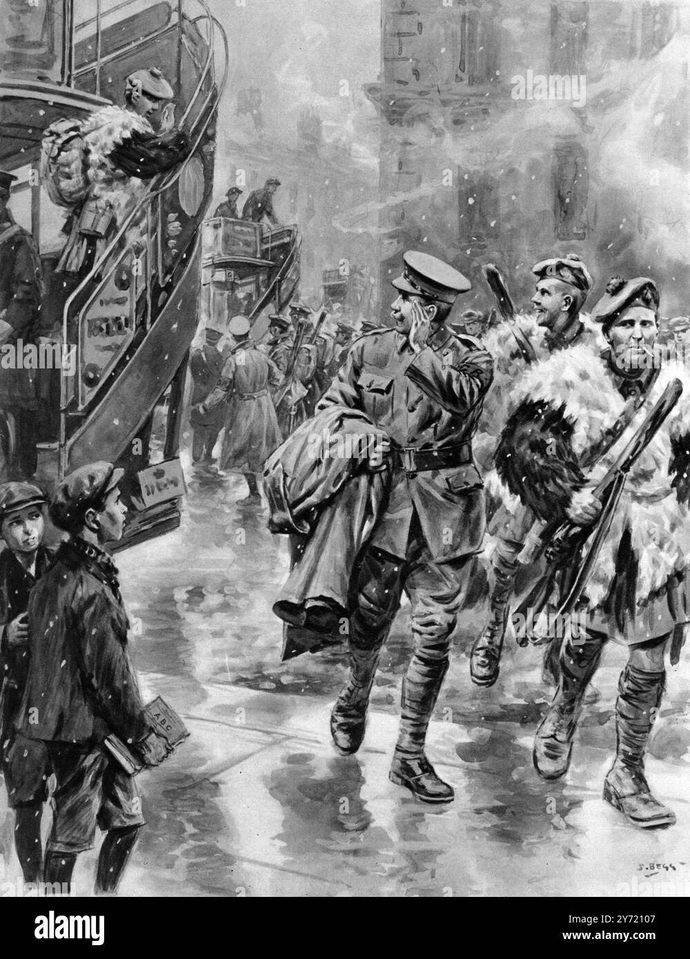 Die City of London National Guard als „Schutzengel“ für Soldaten, die von der Front nach Hause kommen. Der Freiwillige leistet dem regulären Dienst . Ein Mann der City of London National Guard wird gesehen, wie er einige Soldaten steuert, die in London angekommen sind, frisch aus den Gräben und Fremde nach London. Auf der linken Seite befinden sich zwei der inoffiziellen "Kuriere", die ihren Dienst den heimkommenden Soldaten anbieten - kleine Jungen, die mit einem ABC-Fahrplan für die Suche nach Zügen ausgerüstet sind. März 1916 Stockfoto