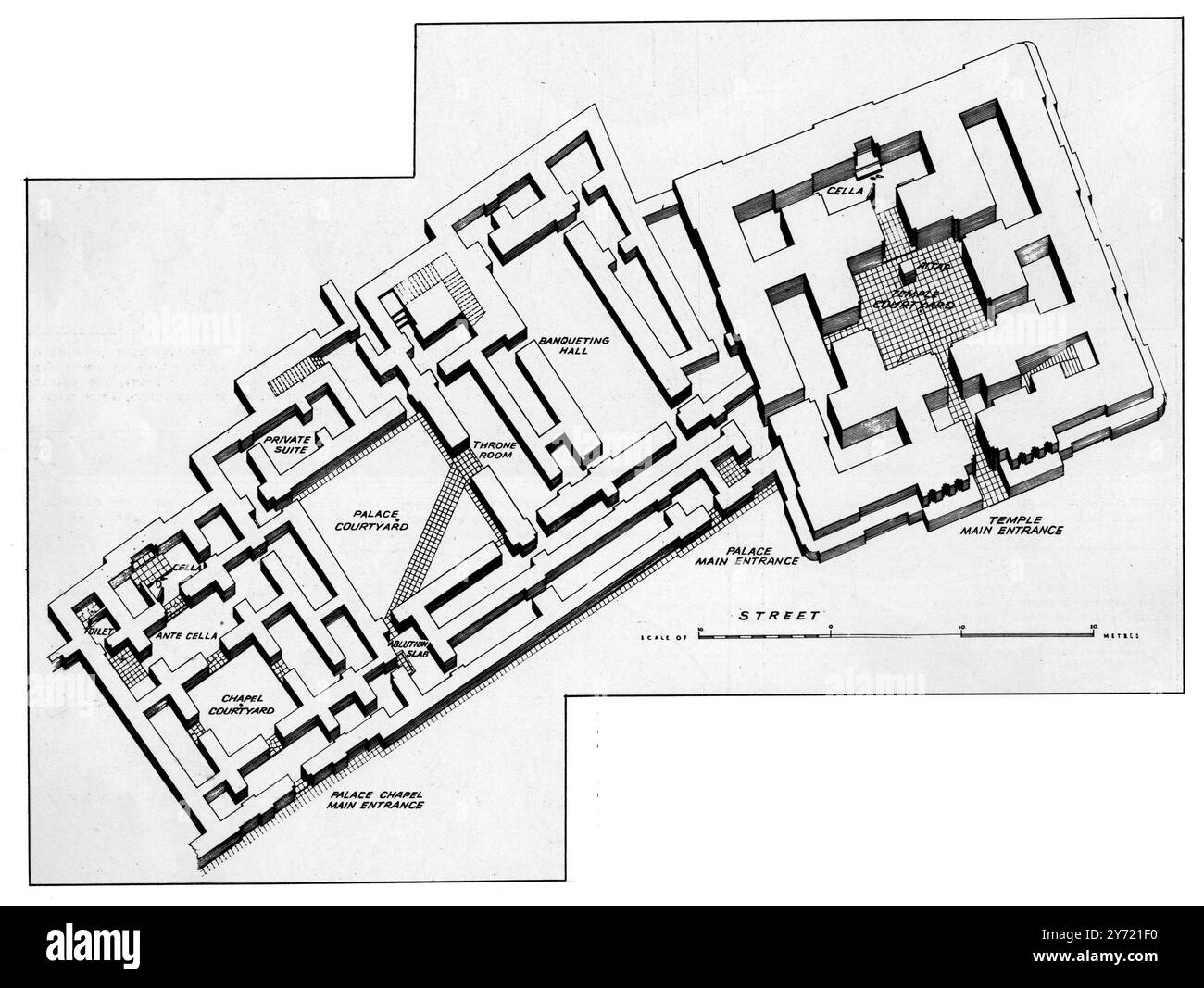 Ein Palast und Tempel vor 4000 Jahren und die Ruinen heute. Der früheste Palast der Fürsten von Eshnunna und der Tempel von Grimilsin (rechts) in der Regierungszeit von Ilushu-Ilia, Sohn von Ituria (Erbauer des Tempels um 2200 v. Chr. ) : Ein restaurierter Grundriss mit Details der Innenausstattung . 1. Oktober 1932 Stockfoto