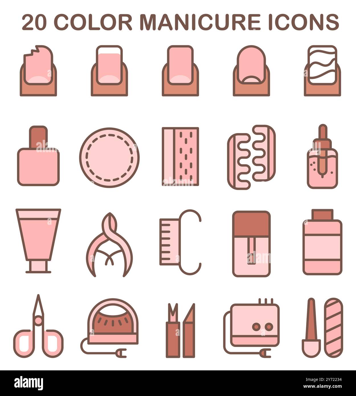 Verschiedene Symbole für Maniküre und Pediküre. Professionelle Ausrüstung und Werkzeuge für Nagelpflege und Design. Schere, Feile, Pinzette, politur, Handcreme, polierentferner, Bürste usw. Illustration des flachen Vektors Stock Vektor