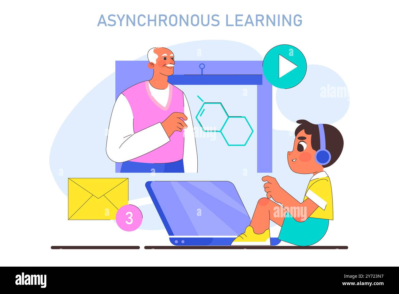 Asynchrones Lernen. Moderne Bildungsmethodik. Fernschulungsprozess. Selbststudium und studentischer Ansatz mit den digitalen Technologien oder Internet. Illustration des flachen Vektors Stock Vektor