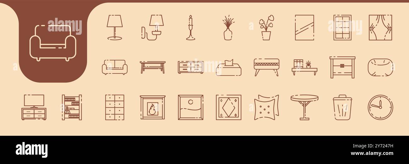 Wohnzimmermöbel Linie minimalistische Ikonen-Vektor-Designs Stock Vektor