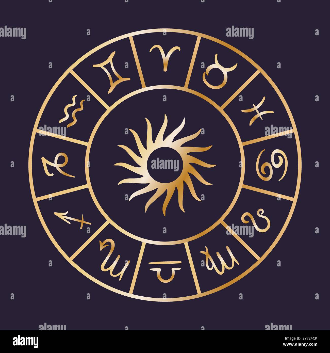 Ein wunderschön gestaltetes Sternzeichen-Rad mit auffälligen astrologischen Symbolen und einem zentralen Sonnenmotiv Stock Vektor