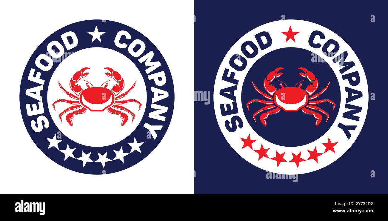 Dieses stilvolle Logo für ein Fischunternehmen zeigt eine Krabbe und Sterne und ist ideal für kulinarische Branding- und Marketingaktivitäten Stock Vektor