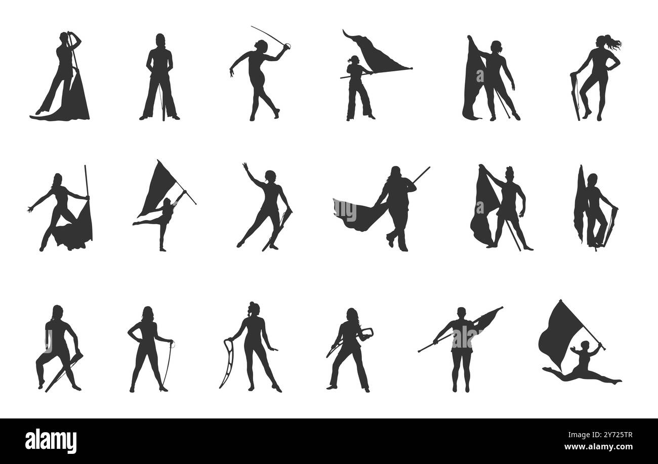 Marschband, Color Guard, Color Guard Silhouette, Marschband Silhouette, Color Guard Flags, Farbschutz Vektorsatz -V02 Stock Vektor