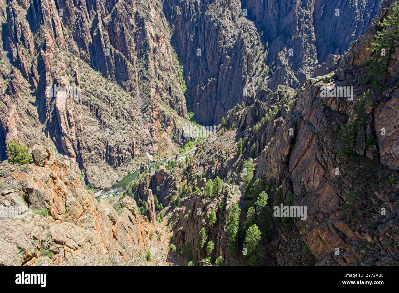 Gunnison River tief unter der zerklüfteten Schluchtwand des Black Canyon Stockfoto