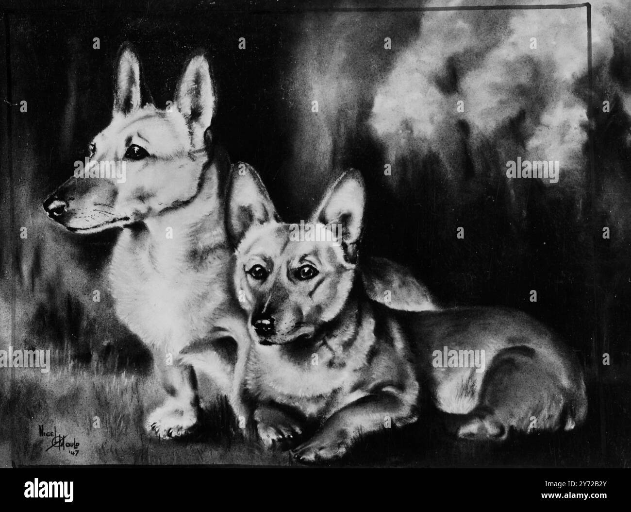 Die Prinzessinnen Corgis. Gemalt als Hochzeitsgeschenk. Ein Hochzeitsgeschenk, das die Prinzessin Elizabeth besonders begeisterte, ist ein pastorales Gemälde ihrer beiden walisischen Corgis, „Cracker“, acht Jahre alt und „Sue“. Das Gemälde wurde von der Royal Society for the Prevention of Grausamkeit to Animals präsentiert und ist das Werk eines unbekannten autodidaktischen Malers, des 38-jährigen ehemaligen Geschwaders Nigel C Mould, DFC, aus Notting Hill Gate, London. Die beiden Hunde „saßen“ für insgesamt 16 Stunden für das Bild, während dieser Zeit waren Prinzessin Elizabeth oder Prinzessin Margaret anwesend, um sie im Auge zu behalten. 'Cracker' versucht, es zu tun Stockfoto