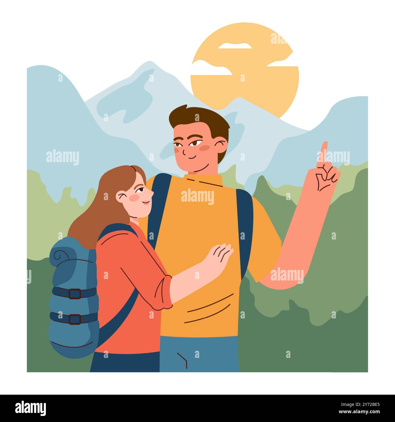 Bergsteigen. Bergsteiger mit Rucksäcken während des Naturabenteuers. Die Leute klettern in den Wäldern, erkunden Berge und Wälder. Aktive Erholung. Illustration des flachen Vektors Stock Vektor