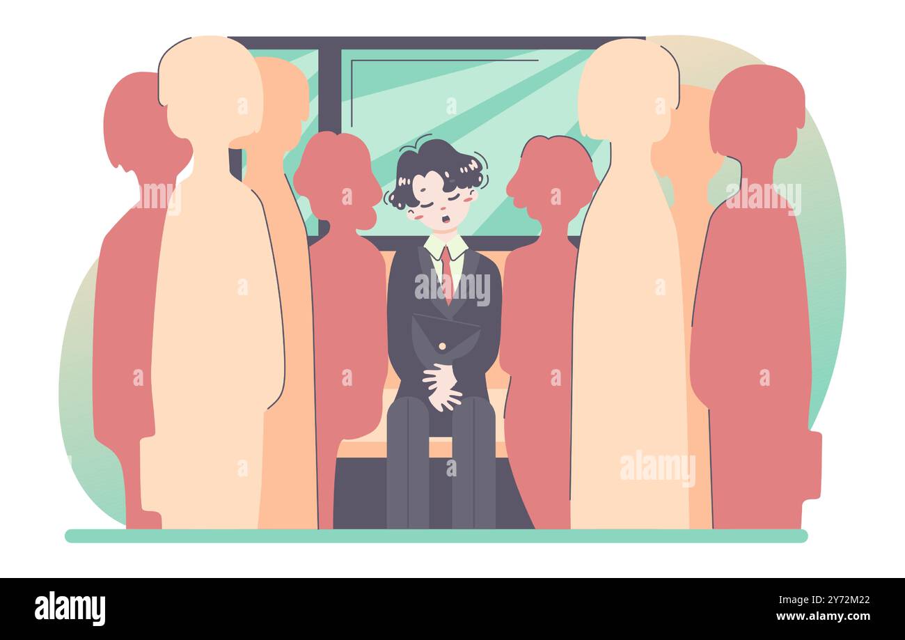 Die tägliche Routine eines asiatischen Mannes. Japanischer Angestellter schläft im Zug. Überfüllte U-Bahn-Wagen. Öffentliche Verkehrsmittel. Geschäftsmann-Zeitplan, moderner Lebensstil. Illustration des flachen Vektors Stock Vektor