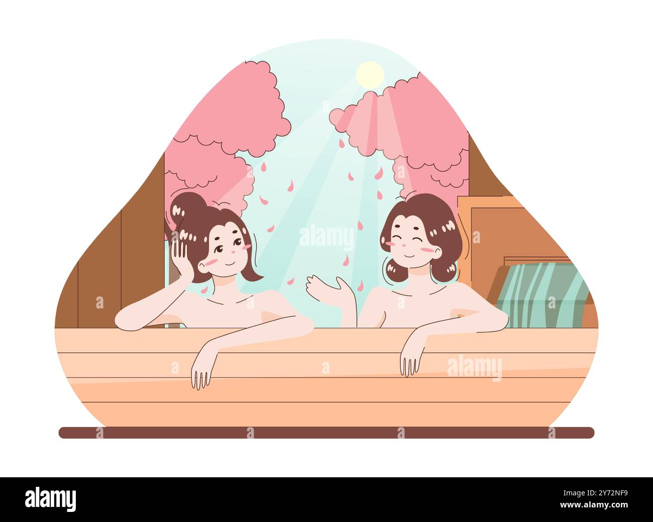 Asiatische Menschen genießen ihre Freizeit. Japanische Charaktere baden zusammen. Freundinnen, die sich im traditionellen Onsen, im Thermalbad oder im Thermalbad entspannen. Illustration des flachen Vektors Stock Vektor