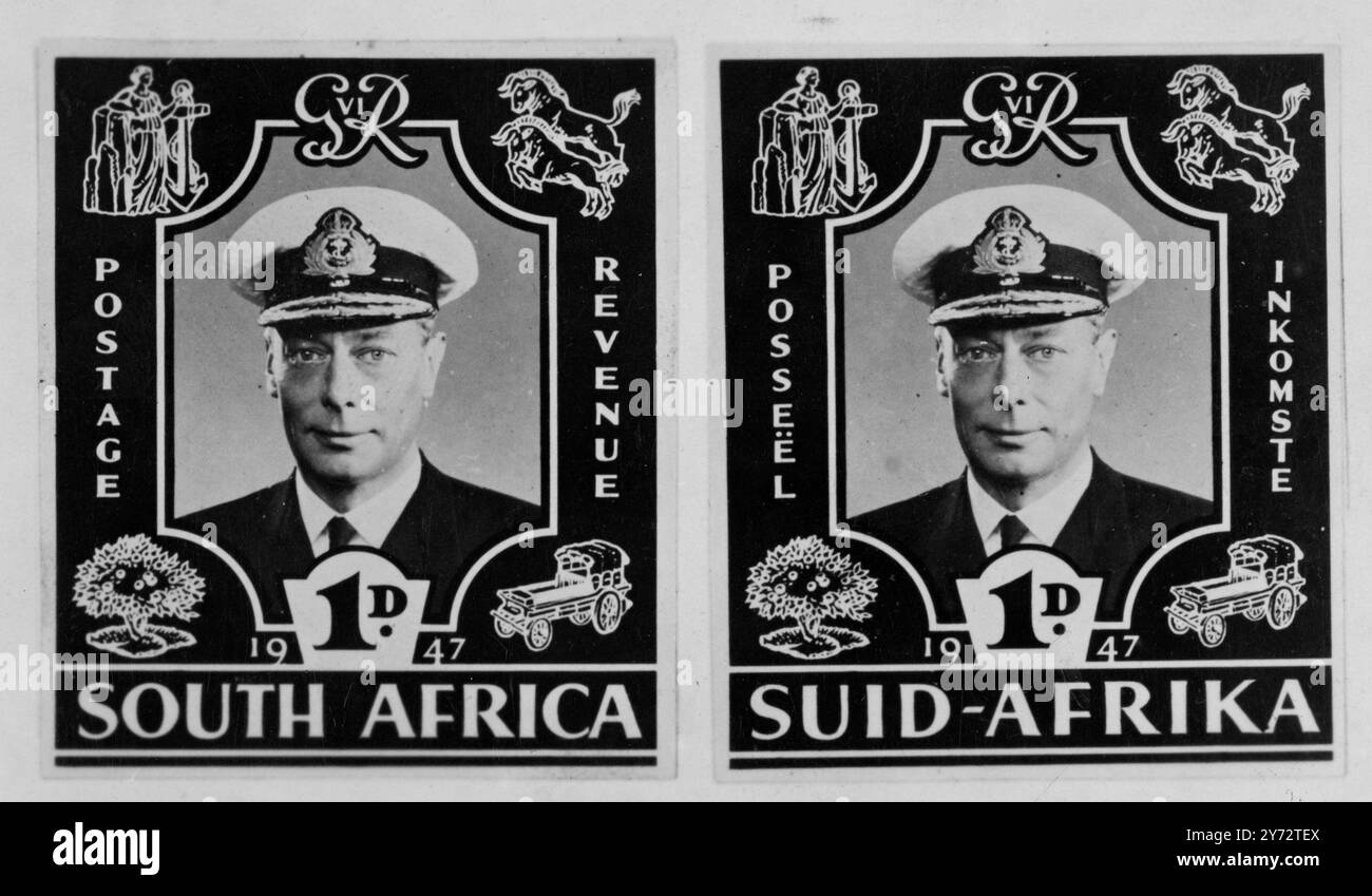 Zum Gedenken an den Besuch des Königs in Südafrika Anfang nächsten Jahres werden neue Briefmarken ausgegeben. Auf dem Pfennig-Stempel, der in Rot mit schwarzem Einsatz sein wird, befindet sich ein Bild des Königs in Marineuniform, das im Design der Embleme der vier Provinzen der union verkörpert ist. Bilder: Das Design für die neue Pfennig-Marke für die union von Südafrika mit seiner Königlichen Hoheit dem König. 28. November 1946 Stockfoto