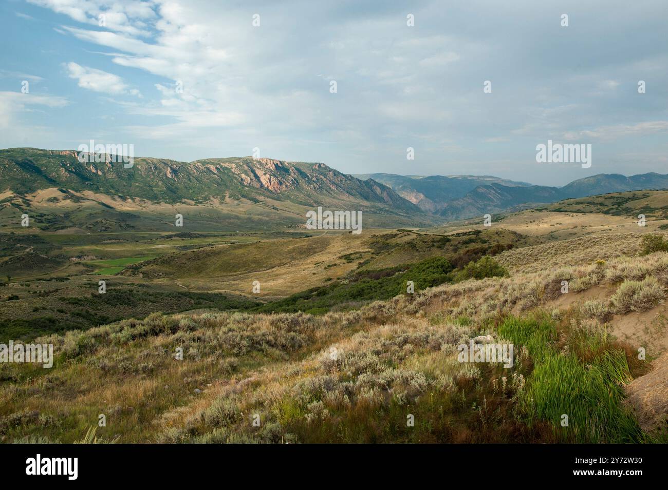 Das untere Cimarron-Becken von Colorado. Diese Aussicht blickt nordöstlich vom Rand der San Juan Mountains in Richtung Elk Mountains. Stockfoto