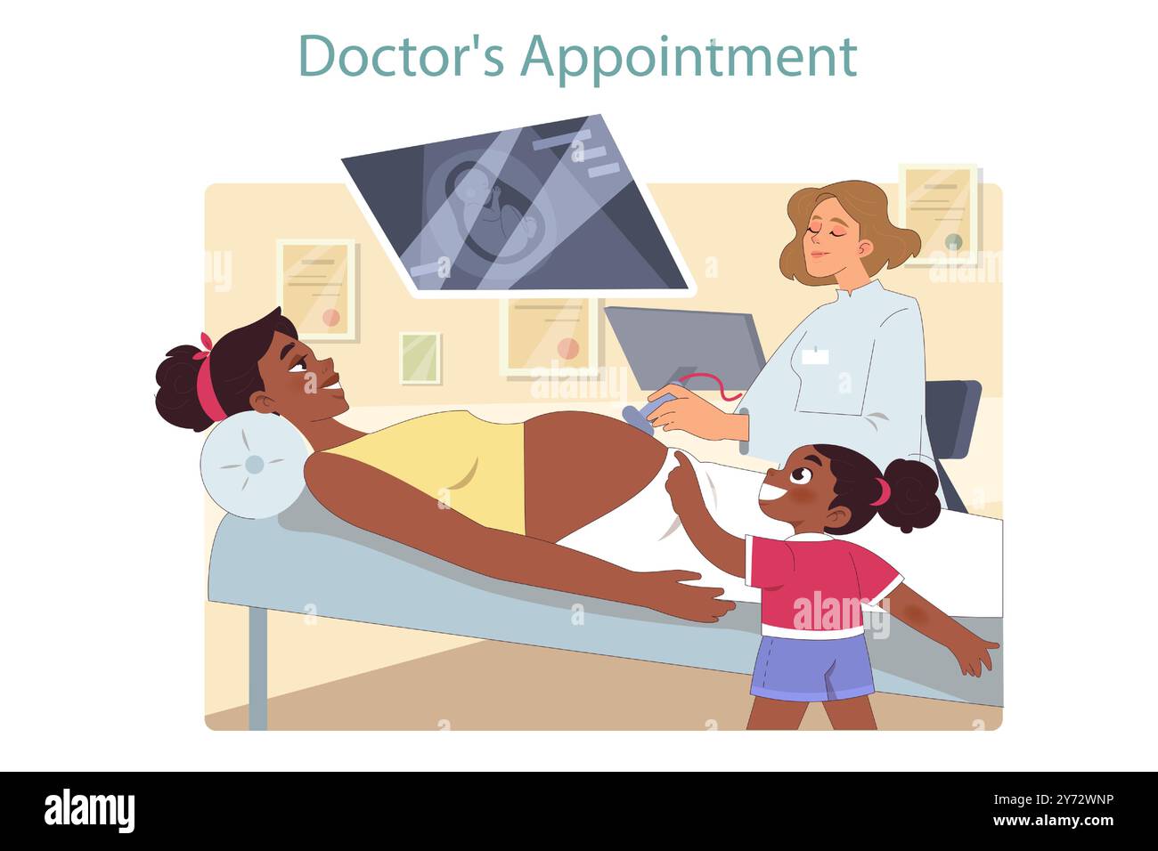 Familie erwartet ein zweites Kind. Schwarze Frau, die mit einem zweiten Baby schwanger ist. Schritte zur Vorbereitung eines untergeordneten Elements auf ein neues gleichgeordnetes Element. Mom und Tochter beim Arzttermin. Illustration des flachen Vektors Stock Vektor