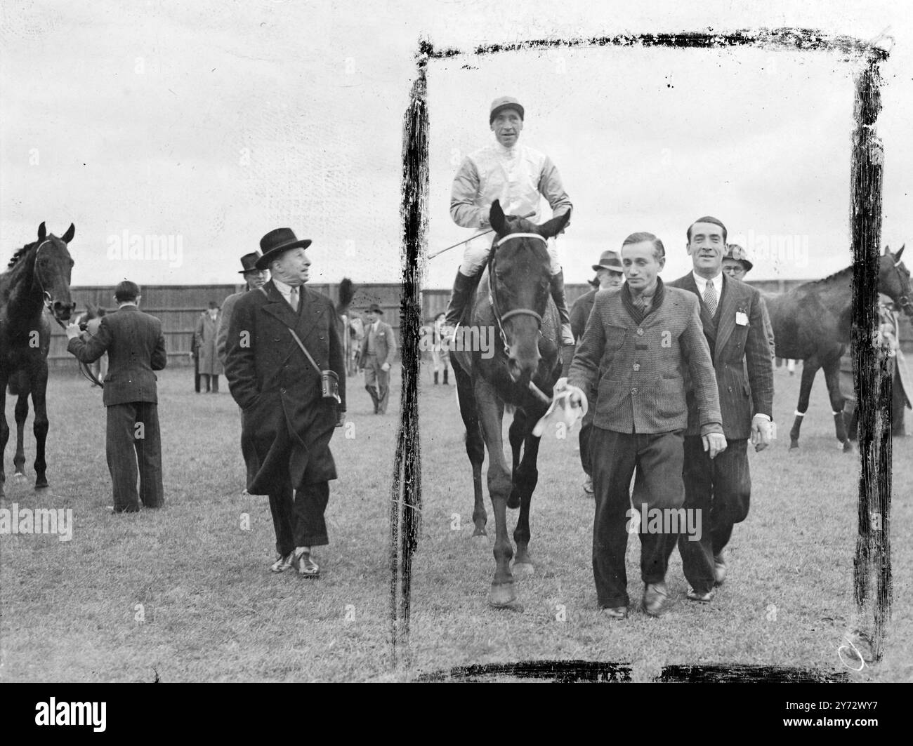 Der wachsende Ruf französischer Rennpferde erhielt einen weiteren Aufschwung, als bei Newmarket's The Cesarewitch Stakes auf brillante Weise von M. L’Amiral mit Harry Wragg im Sattel gewonnen wurde. Nur drei Viertel der zurückliegenden Strecke war das ehemalige irische Pferd Ford Transport (T. Weston Up), die Geoffrey's Lady um eine halbe Länge auf den zweiten Platz geschlagen hat. Das Siegerpferd, das Mr. H. Barnard Hankey gehört, ging mit 33 zum Startposten. Das Bild zeigt M L'Amiral ist nach seinem Cesarewitch-Sieg in Newmarket führend. 16. Oktober 1946 Stockfoto