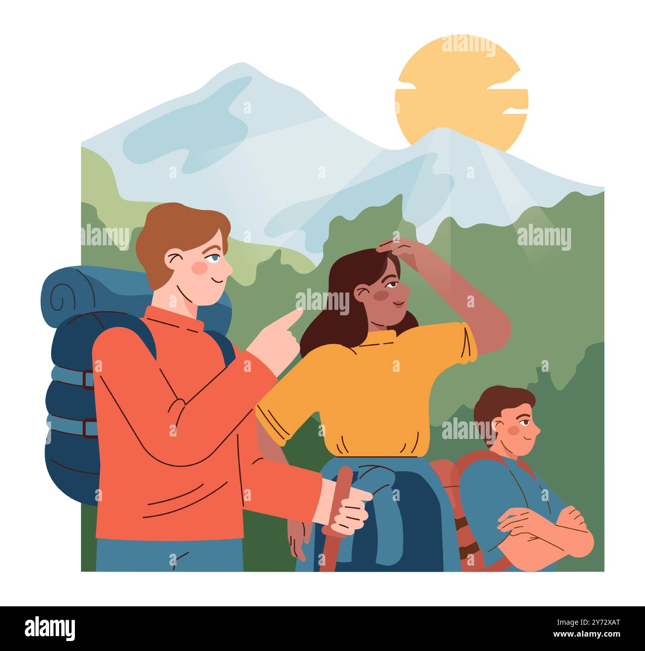 Bergsteigen. Bergsteiger mit Rucksäcken während des Naturabenteuers. Die Leute klettern in den Wäldern, erkunden Berge und Wälder. Aktive Erholung. Illustration des flachen Vektors Stock Vektor