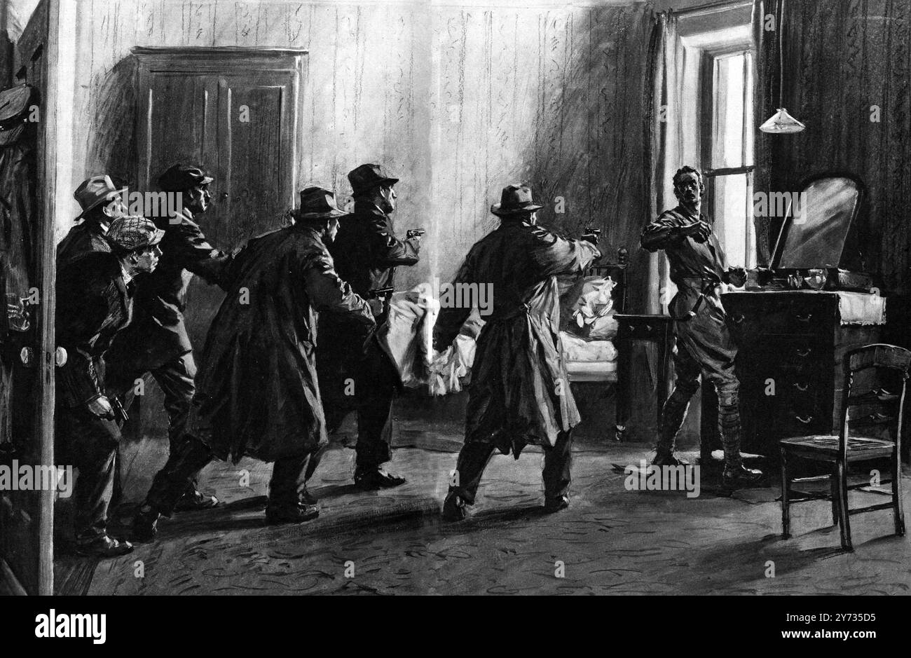 Die irische Extremistenidee des Krieges ; Mord am Bösen . Ein Künstlereindruck eines der gut organisierten Morde an britischen Geheimdienstbeamten - der " Cairo Gang " durch die IRA . 14 Männer, eine Mischung aus Geheimdienstoffizieren der britischen Armee, Royal Irish Constabulary Offizieren und Zivilisten ("Cairo Gang"), wurden am Morgen des 21. November 1920 von der IRA ermordet. Stockfoto