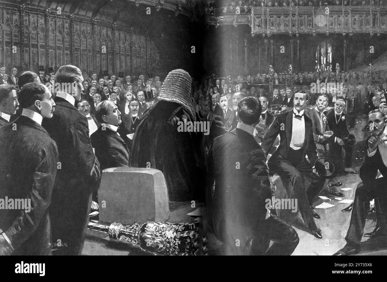 Eine Epoche - ein Moment in der Geschichte der Mutter der Parlamente: Die Herren verweisen den Haushalt an die Menschen . Der Lordkanzler kündigte das Ergebnis der Division on Lord Lansdowne's Vorschlag an, dass das House of Lords seine Zustimmung zum Finanzgesetz erst geben sollte, wenn das Gesetz dem Urteil des Landes unterbreitet worden war. Der Lordkanzler kündigte die Ergebnisse der Abstimmung an ein volles House of Lords an. Die Zahlen waren für Lord Lansdowne's Ammendment 330, dagegen 75. Dezember 1909 Stockfoto