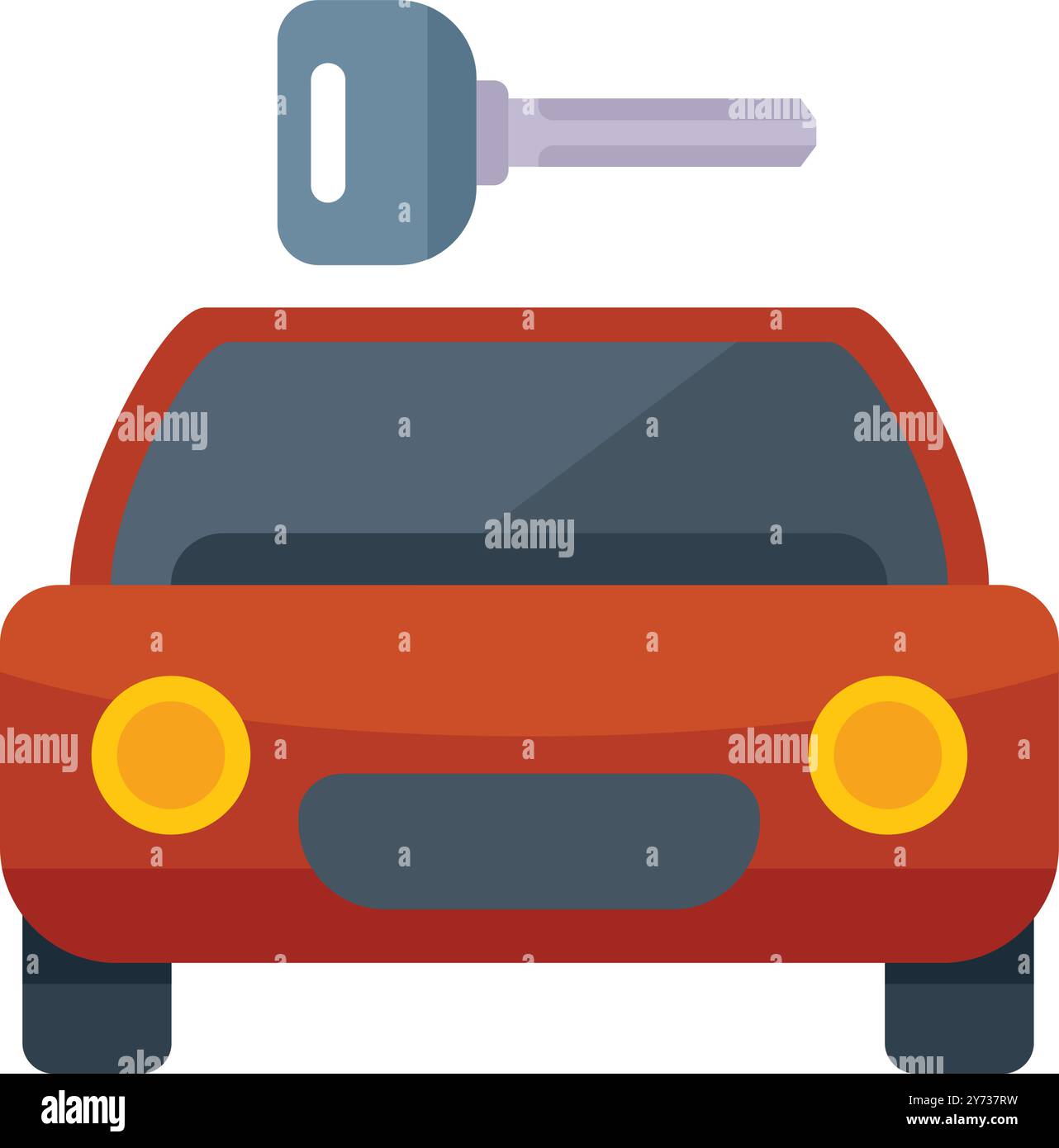 Rote Vorderansicht des Fahrzeugs mit Schlüssel über dem Dach, der den Kauf, Verkauf oder die Anmietung eines neuen oder gebrauchten Fahrzeugs darstellt Stock Vektor