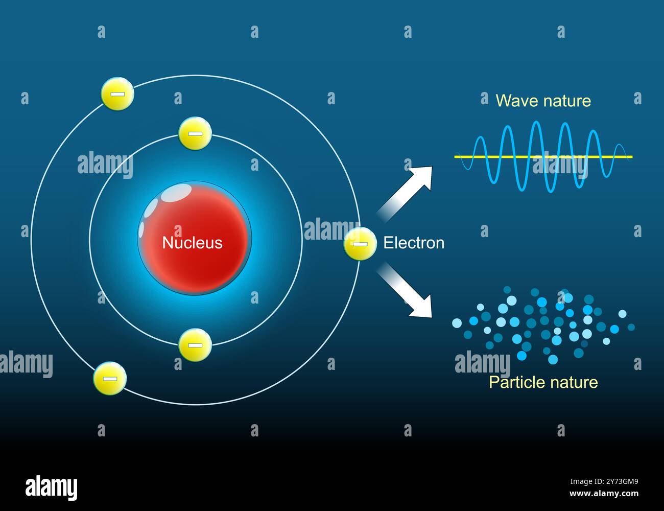Differenz zwischen Wellen und Partikeln in der Quantenmechanik. Wellen- und Teilchencharakter des Elektrons. Nahaufnahme des Bohr-Modells des Atoms mit Kern, Orbita Stock Vektor