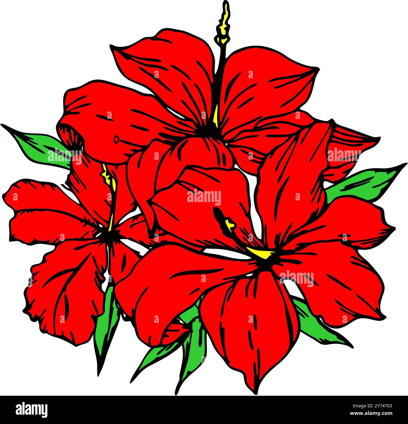 Zeichnung eines Zweigs roter Blumen mit schwarzem Umriss auf weißem Hintergrund, Logo, Kunst Stockfoto