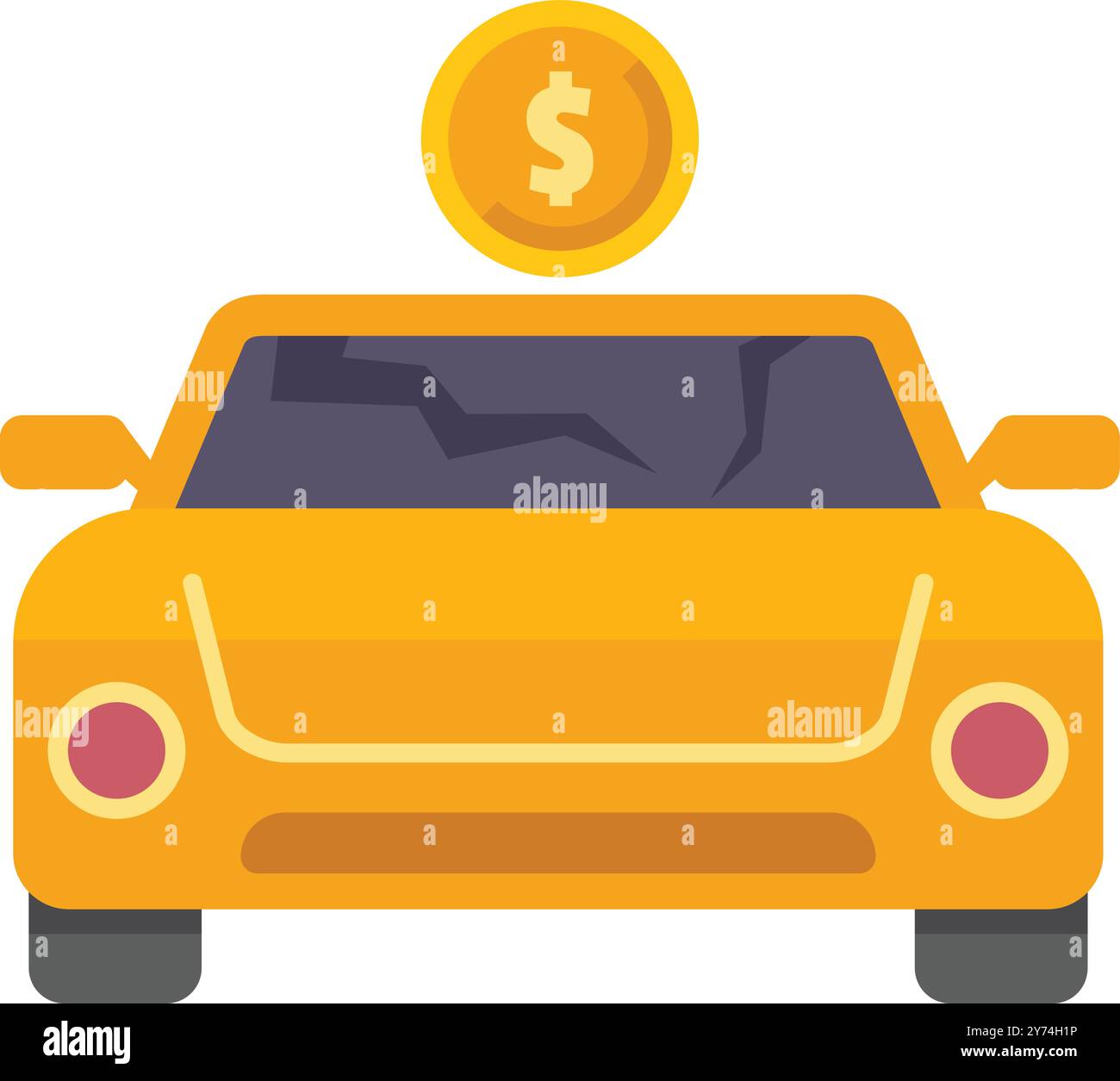 Gelbes Auto mit kaputter Windschutzscheibe braucht teure Reparaturen, dargestellt durch eine Dollar-Münze Stock Vektor