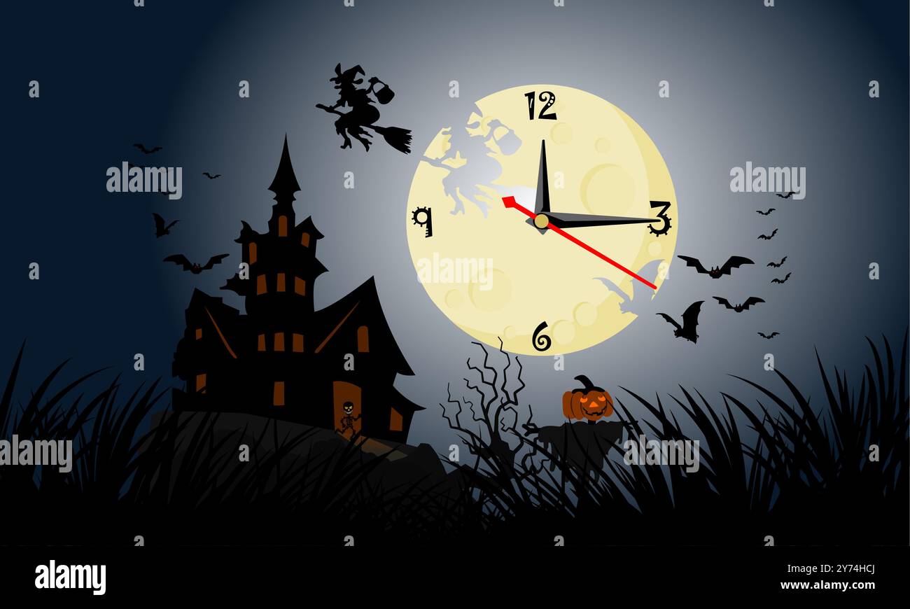 Der Mond hat Uhrzeiger, um die Zeit anzuzeigen. Schweben Sie an Halloween über ein dunkles und furchterregendes Schloss. Geisterfreigabebacht, eine fröhliche Zeit für Geister. Stockfoto