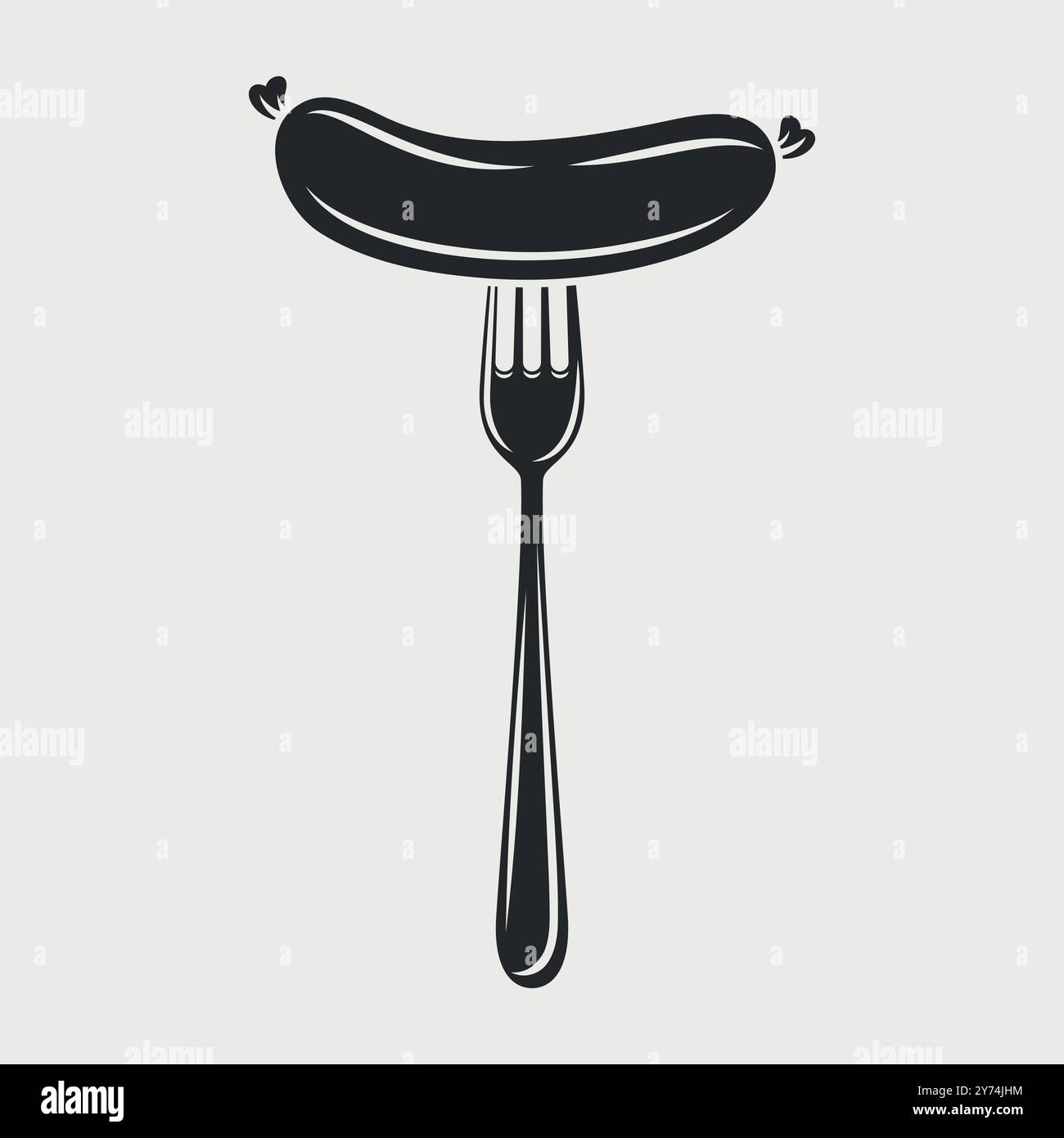 Flache Vektor-Cartoon-Wurst auf Gabel mit Umrissnaht isoliert auf weißem Hintergrund. Vektor-Lebensmittel-Illustration für Menü, Grill und kulinarisches Design Stock Vektor