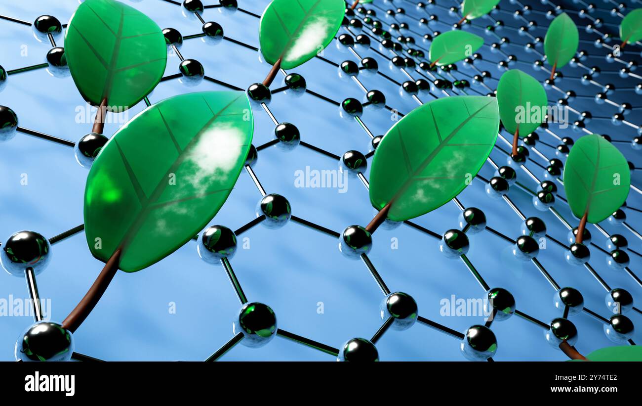 Konzeptuelle Darstellung grüner Nanomaterialien. Grüne Nanomaterialien sind umweltfreundlich und nachhaltig, werden häufig aus erneuerbaren Ressourcen gewonnen und bergen in verschiedenen Branchen wie Biomedizin, Elektronik und Umweltwissenschaften ein erhebliches Potenzial. Stockfoto