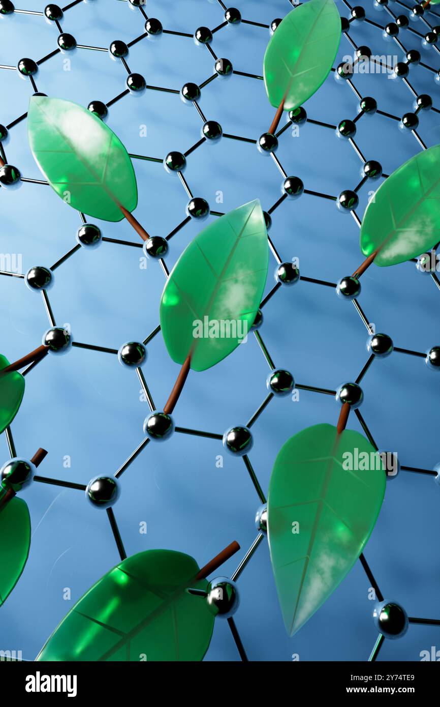 Konzeptuelle Darstellung grüner Nanomaterialien. Grüne Nanomaterialien sind umweltfreundlich und nachhaltig, werden häufig aus erneuerbaren Ressourcen gewonnen und bergen in verschiedenen Branchen wie Biomedizin, Elektronik und Umweltwissenschaften ein erhebliches Potenzial. Stockfoto