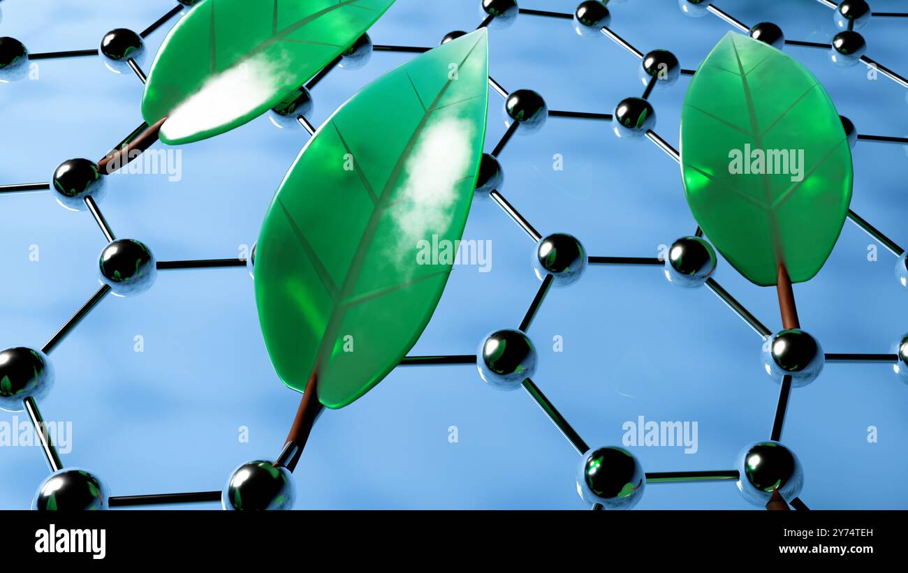Konzeptuelle Darstellung grüner Nanomaterialien. Grüne Nanomaterialien sind umweltfreundlich und nachhaltig, werden häufig aus erneuerbaren Ressourcen gewonnen und bergen in verschiedenen Branchen wie Biomedizin, Elektronik und Umweltwissenschaften ein erhebliches Potenzial. Stockfoto