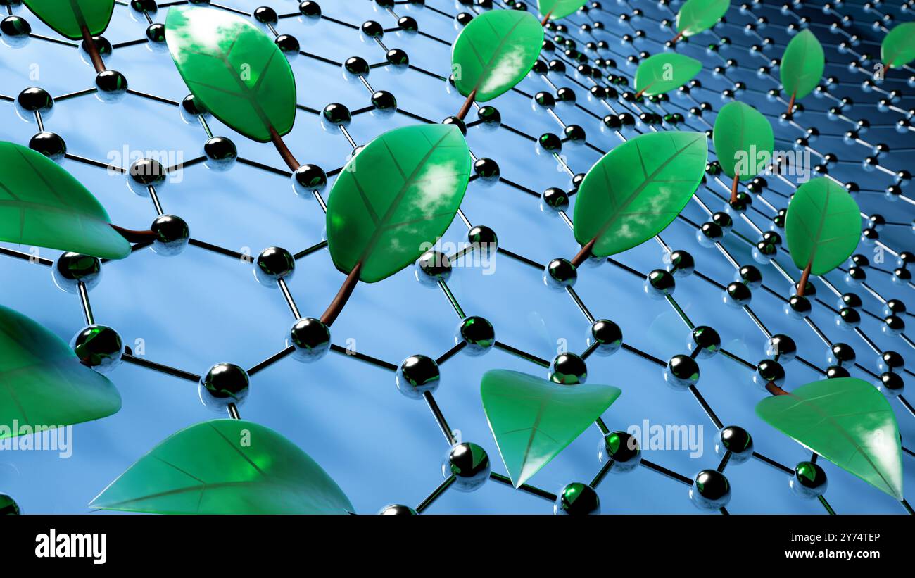 Konzeptuelle Darstellung grüner Nanomaterialien. Grüne Nanomaterialien sind umweltfreundlich und nachhaltig, werden häufig aus erneuerbaren Ressourcen gewonnen und bergen in verschiedenen Branchen wie Biomedizin, Elektronik und Umweltwissenschaften ein erhebliches Potenzial. Stockfoto