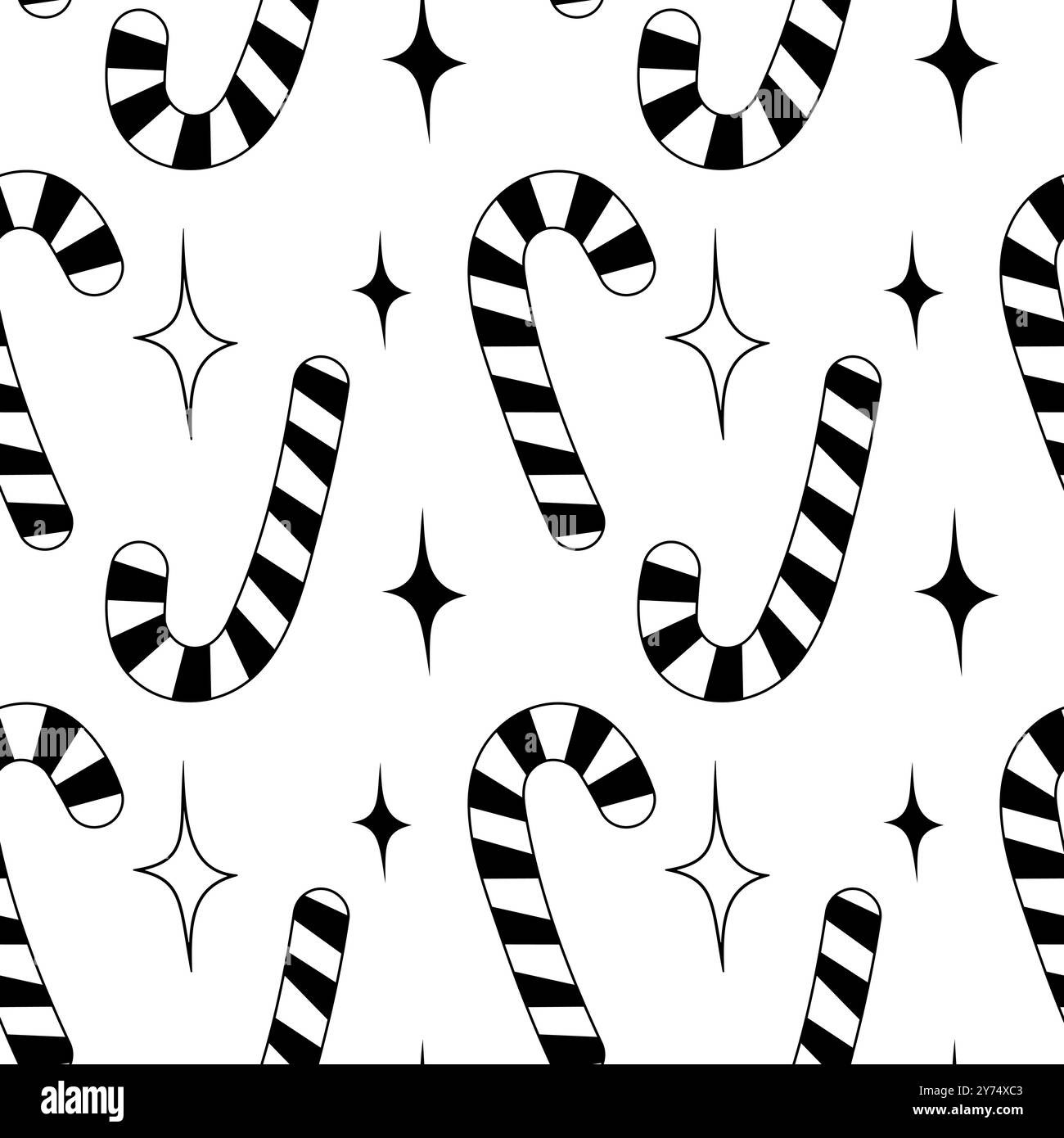 Gestreifter Bonbon Cane und nahtloses Muster mit dekorativen Sternen. Hintergrundidee für Weihnachtsgrüße. Isolierte Vektor-Illustration Wrapping, Hintergrundbild oder Web, thematische Karten, Poster, Banner, Flugblätter Stock Vektor