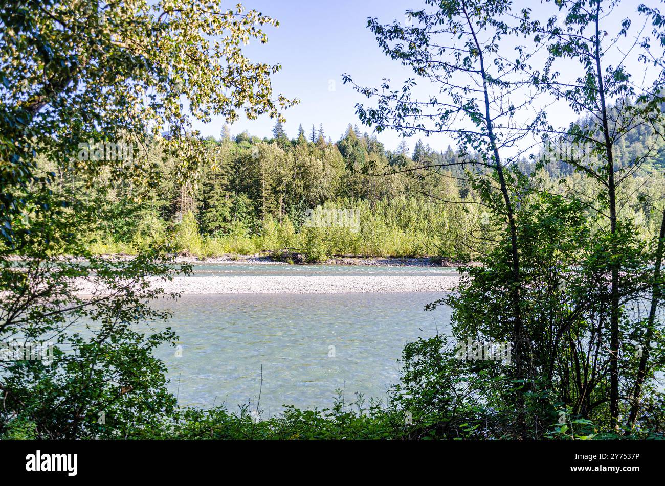 Faszinierender Blick auf den Vedder River, der sich durch Chilliwack, British C, Olumnbia, Kanada schlängelt Stockfoto