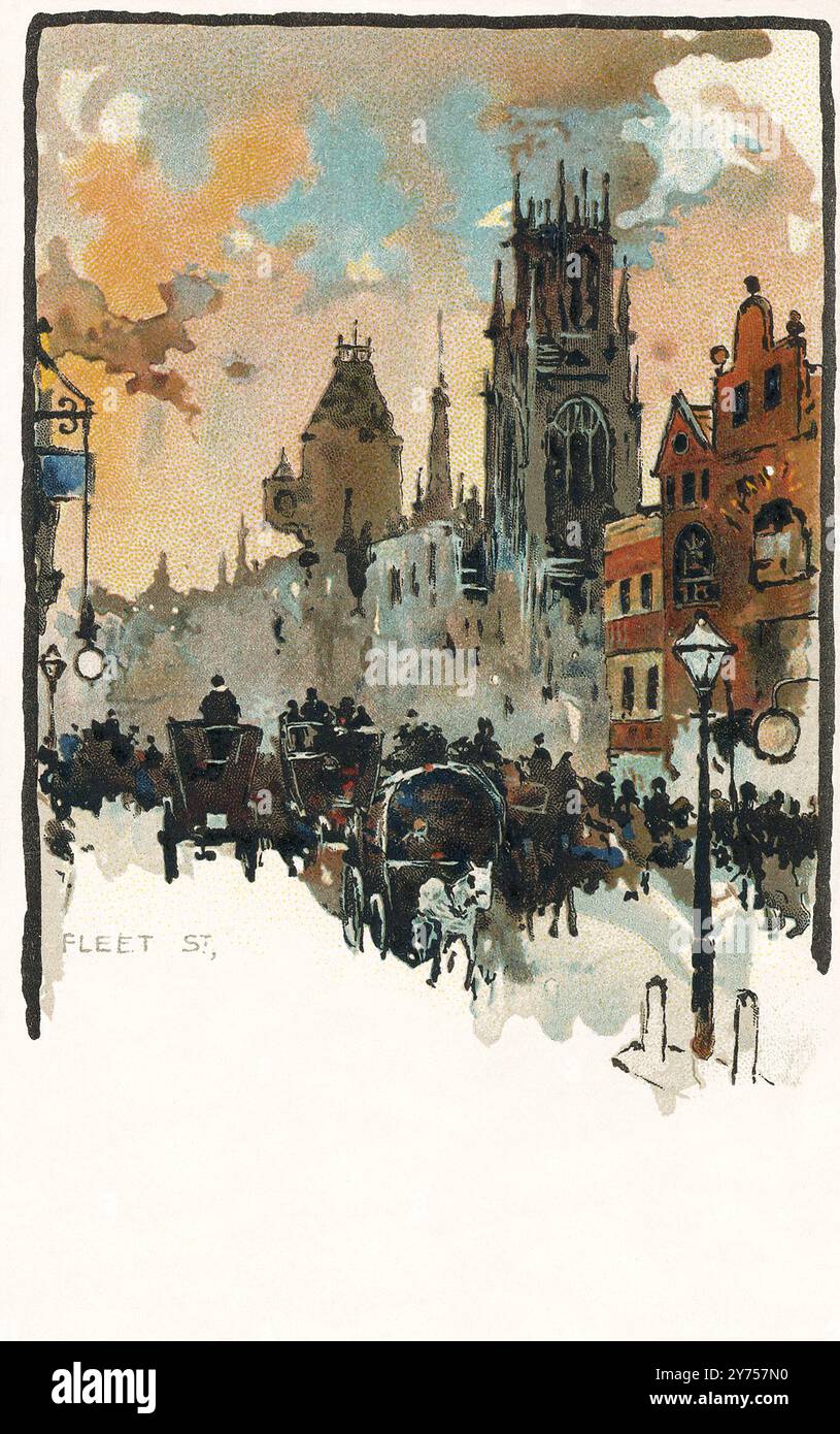 Vintage-Postkarte aus der edwardianischen Ära einer geschäftigen Fleet Street in London. Stockfoto