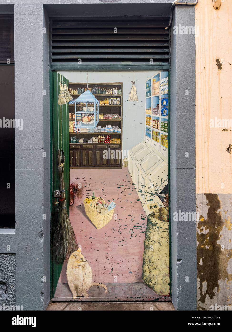 Buntes Gemälde an der Tür in der Altstadt von Funchal auf Madeira, Portugal. Stockfoto