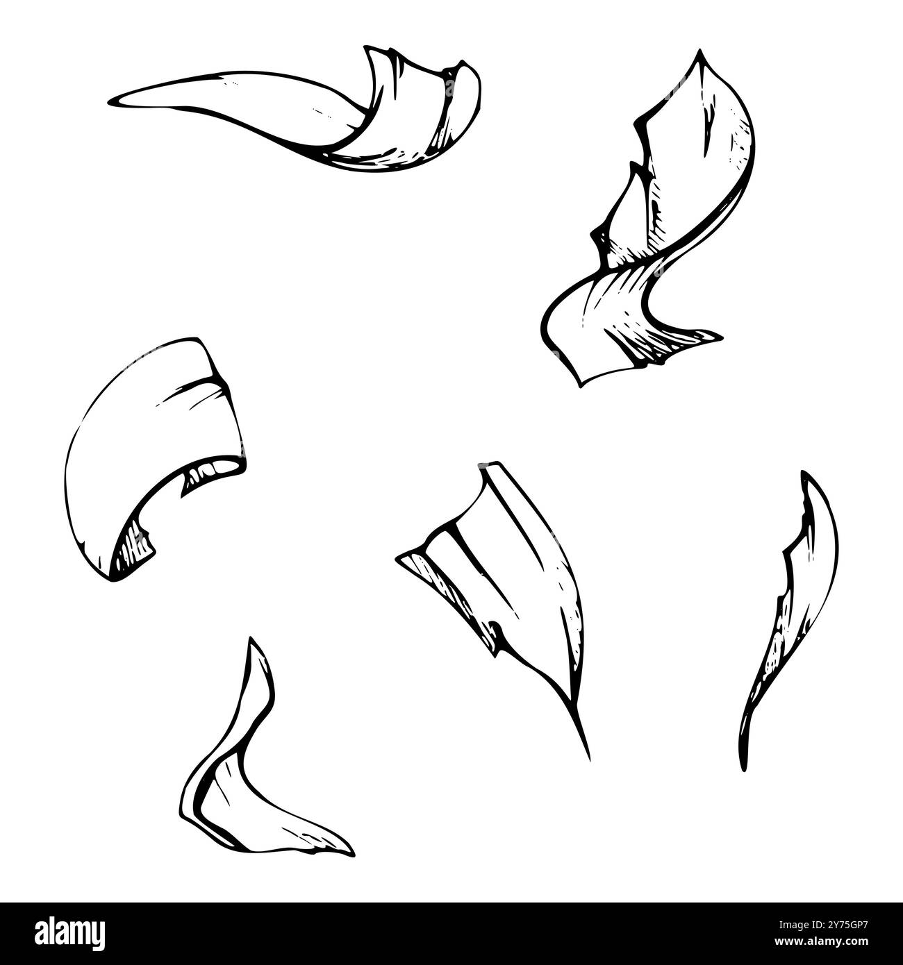 Seetang-Nori-Flocken, getrocknete Rindensplitter, tote Blätter, Hautschalen, geschreddertes Papier mit Farbflecken. Illustration handgezeichnet in Vektorstift und Stock Vektor