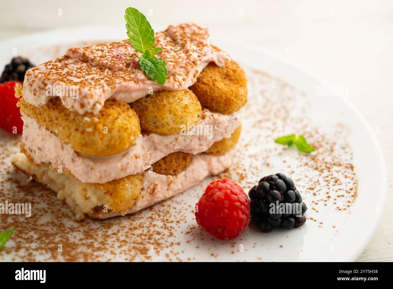 Italienisches Tiramisu mit roter Beerencreme. Draufsicht mit Dekorationen. Stockfoto